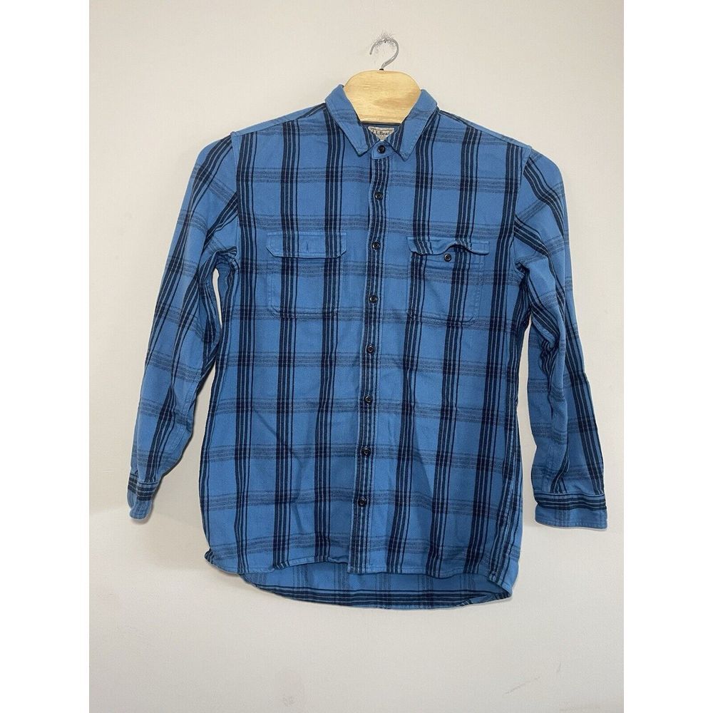 LL Bean‎ Shirt Mens Large Blue Plaid Organic Flannel Slightly Fitted Button Up